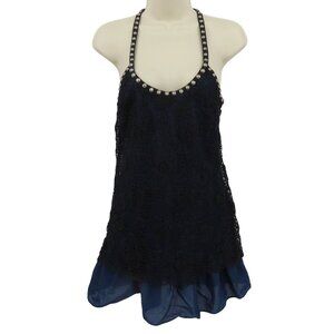 Free People Women 4 Black Lace Blue Silver Studded Sleeveless Tank Top Shirt